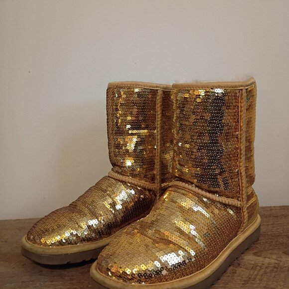 UGG Classic Short Gold Sequin Boots size 6 - Picture 2 of 8